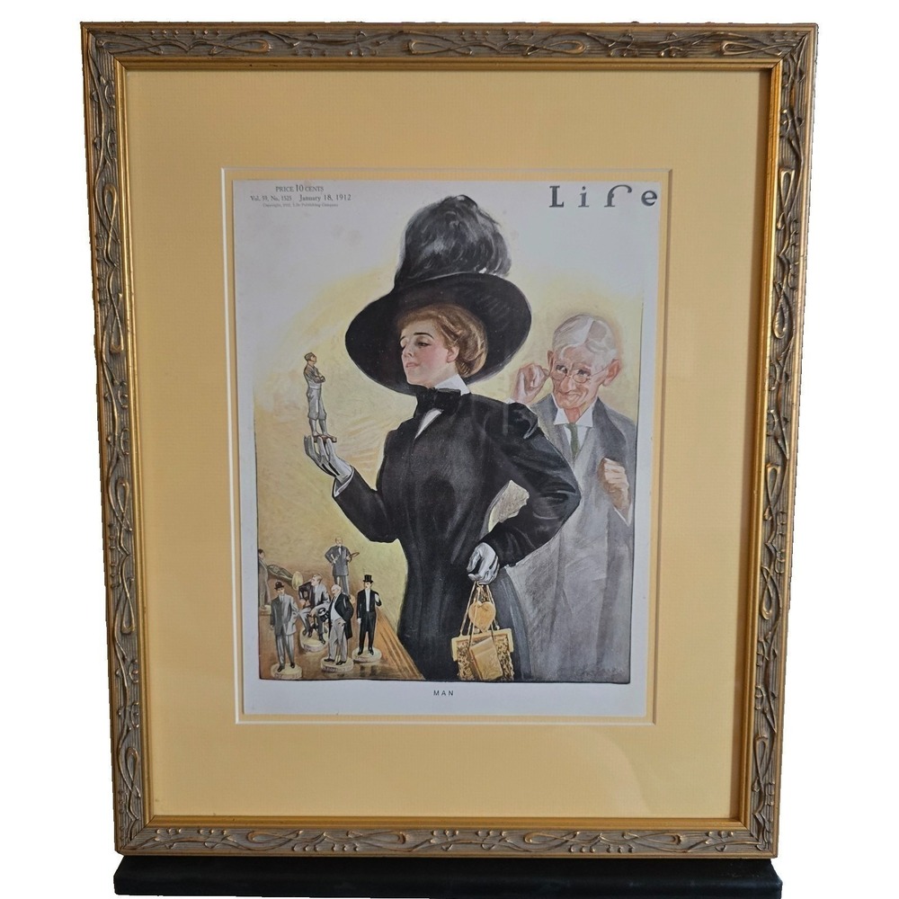 Antique 1912 LIFE Magazine Cover "Man" Walter Tittle Art Ornate Gold Frame 14x15